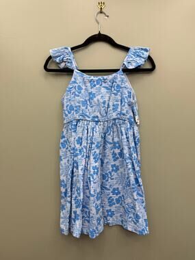 Bluey Girls XL 14 Cotton Gauze Dress Blue Floral Flutter Sleeve Hawaiian